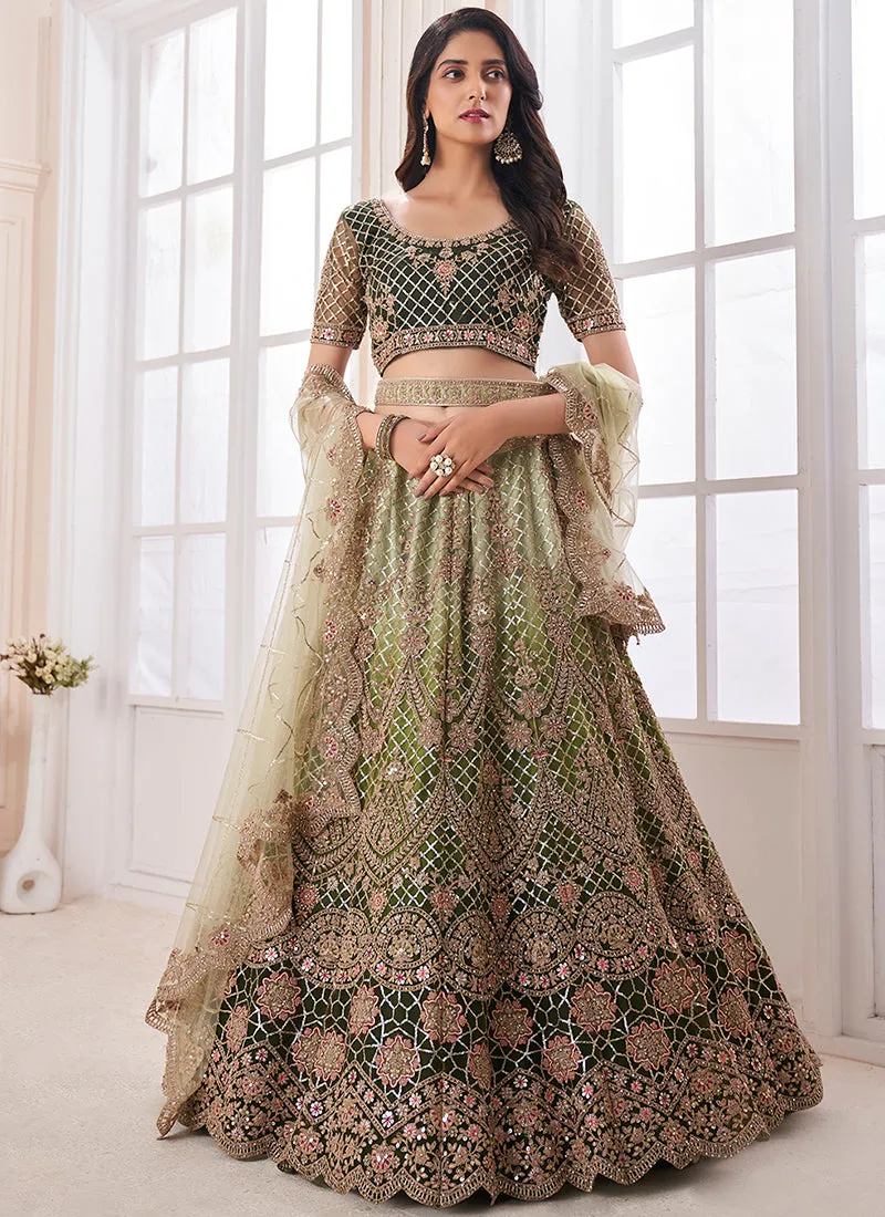 Green Multi Embroidery Wedding Lehenga Choli With Belt