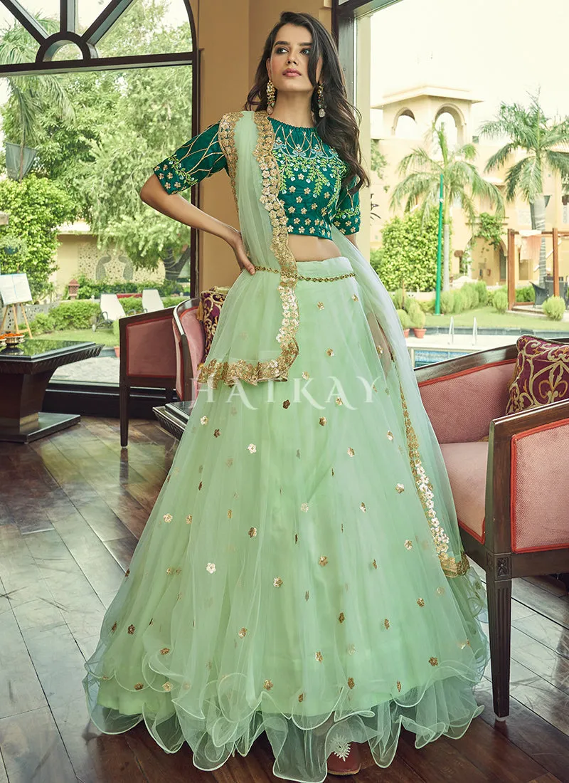 Green Two Tone Sequence Embroidered Net Lehenga Choli