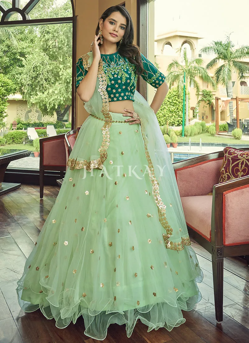 Green Two Tone Sequence Embroidered Net Lehenga Choli
