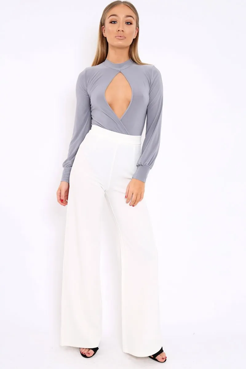 Grey Slinky Key Hole Wrap Front Bodysuit - Tazmin