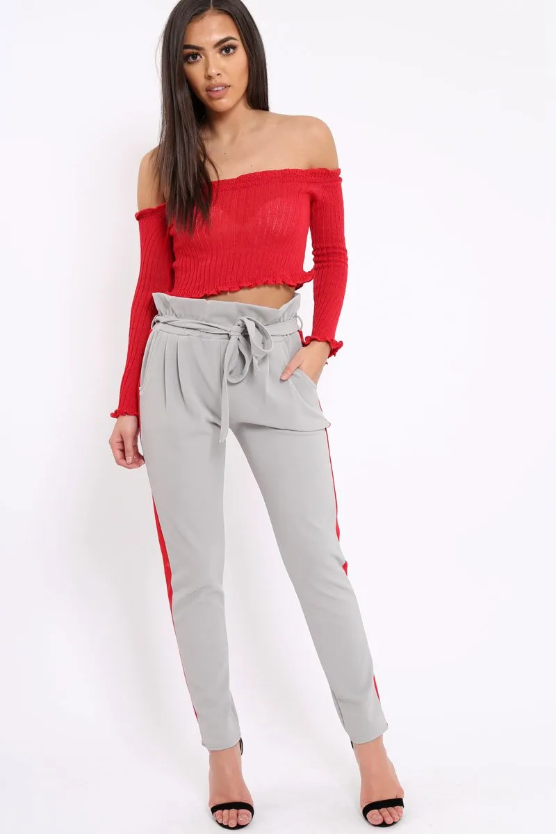Grey With Red Stripe Paper Bag Tie Waist Cigarette Trousers - Karmen