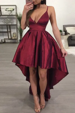 High Low Spaghetti Straps Sleeveless Backless Burgundy Taffeta Prom Dress OHC182