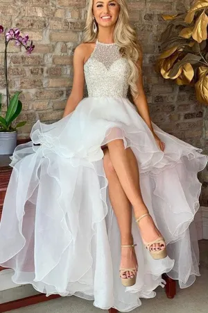 High Low White Halter Sleeveless Prom/Evening Dresses with Beading Ruffles OHC164