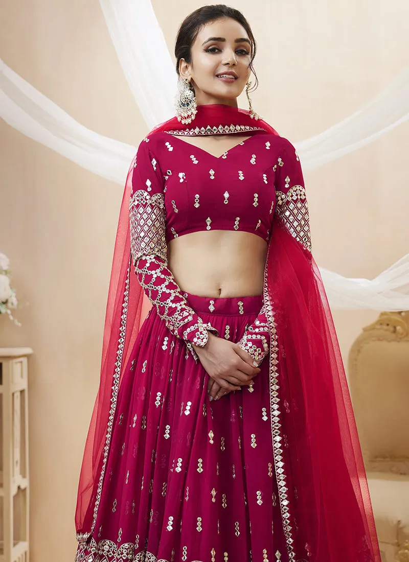Hot Pink Mirror Work Embroidery Wedding Lehenga Choli
