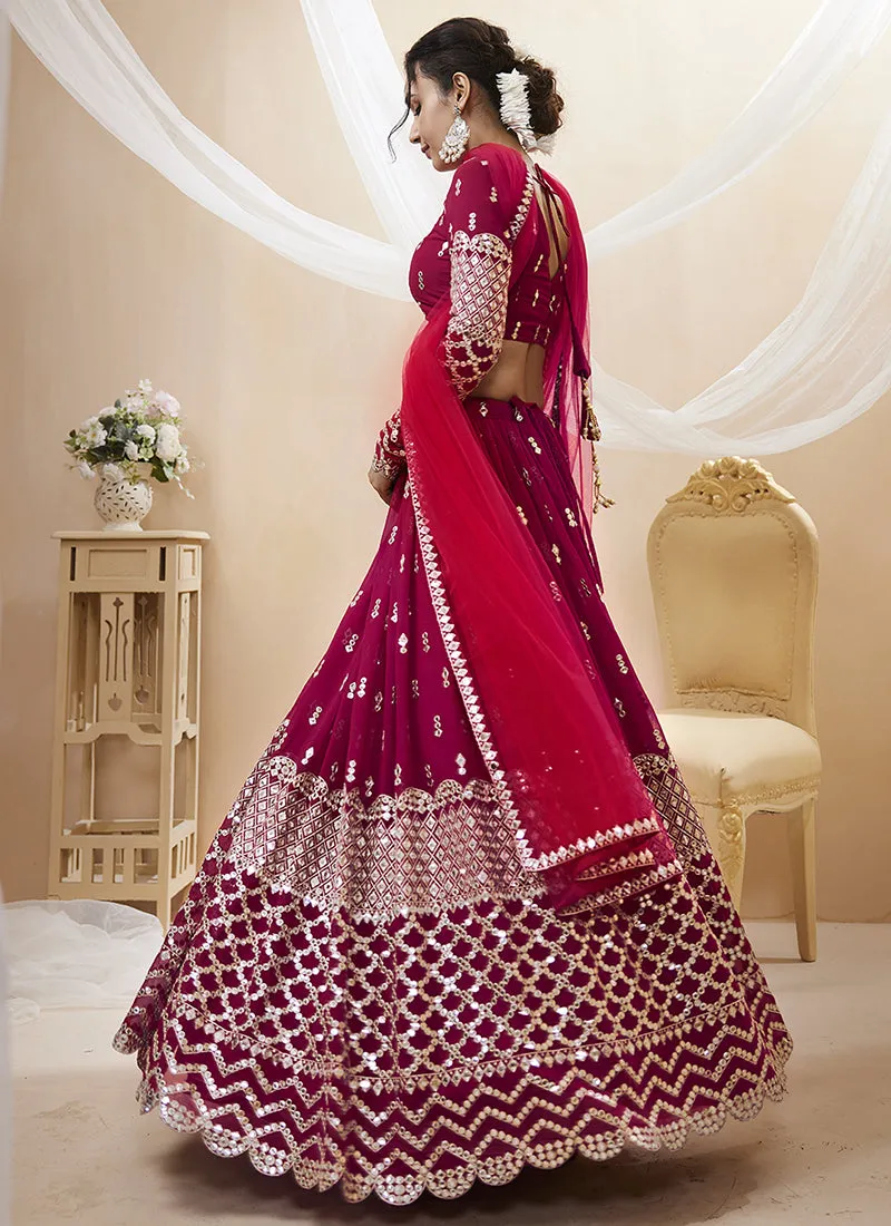 Hot Pink Mirror Work Embroidery Wedding Lehenga Choli