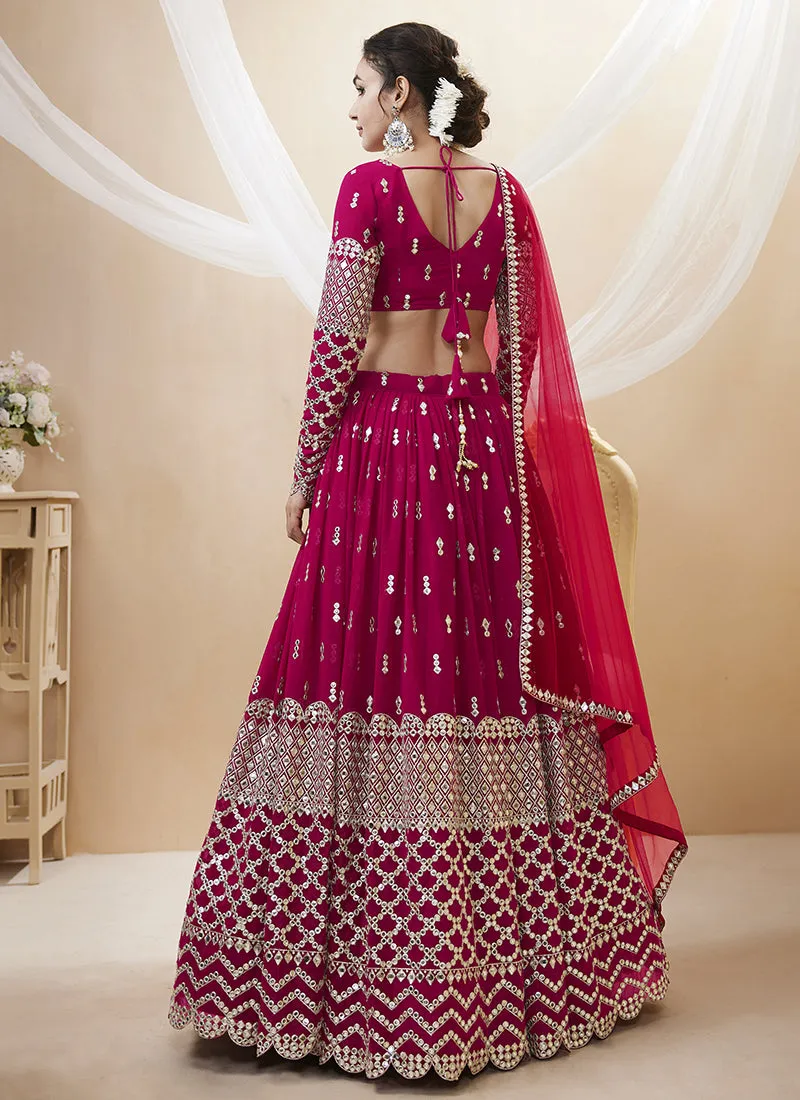 Hot Pink Mirror Work Embroidery Wedding Lehenga Choli