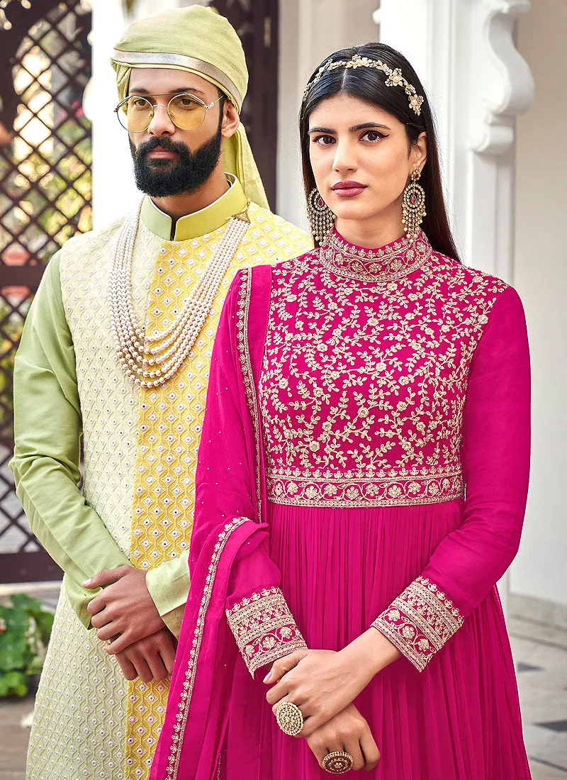 Hot Pink Traditional Embroidered Designer Anarkali Gown