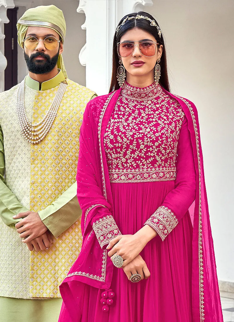 Hot Pink Traditional Embroidered Designer Anarkali Gown