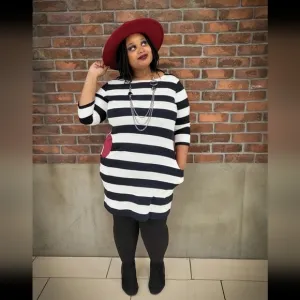 Joan Vass Black and White Horizontal Stripes Dress w/Burgundy Pockets