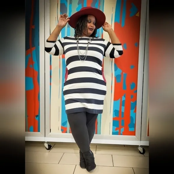 Joan Vass Black and White Horizontal Stripes Dress w/Burgundy Pockets