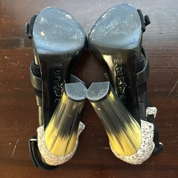 L.A.M.B. Gwen Stefani Korry Black Leather Brown Calf Hair Strappy Heels Size 6.5