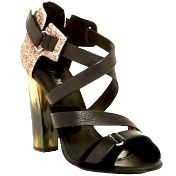 L.A.M.B. Gwen Stefani Korry Black Leather Brown Calf Hair Strappy Heels Size 6.5
