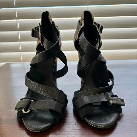 L.A.M.B. Gwen Stefani Korry Black Leather Brown Calf Hair Strappy Heels Size 6.5