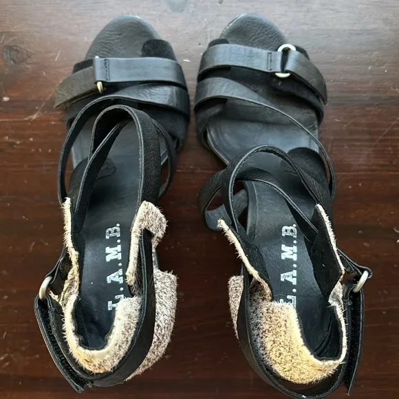 L.A.M.B. Gwen Stefani Korry Black Leather Brown Calf Hair Strappy Heels Size 6.5