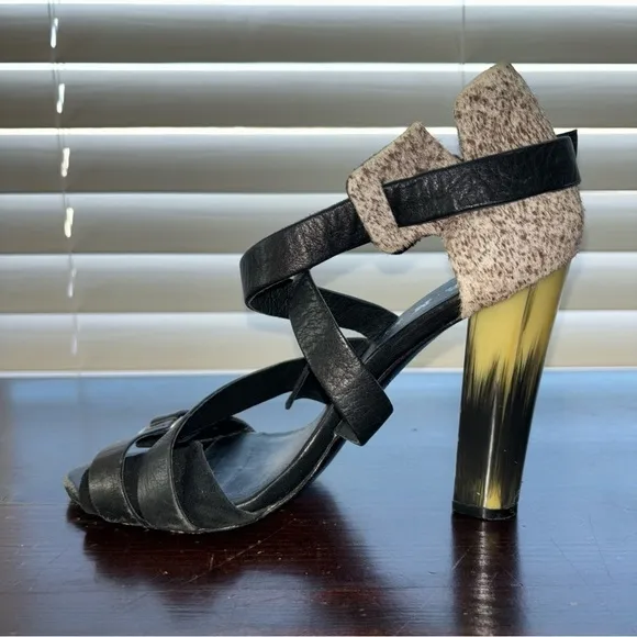 L.A.M.B. Gwen Stefani Korry Black Leather Brown Calf Hair Strappy Heels Size 6.5