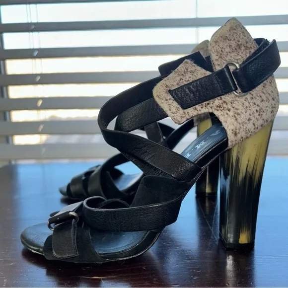 L.A.M.B. Gwen Stefani Korry Black Leather Brown Calf Hair Strappy Heels Size 6.5