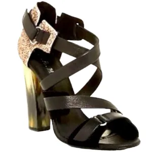L.A.M.B. Gwen Stefani Korry Black Leather Brown Calf Hair Strappy Heels Size 6.5