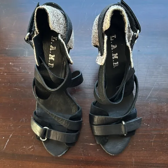 L.A.M.B. Gwen Stefani Korry Black Leather Brown Calf Hair Strappy Heels Size 6.5