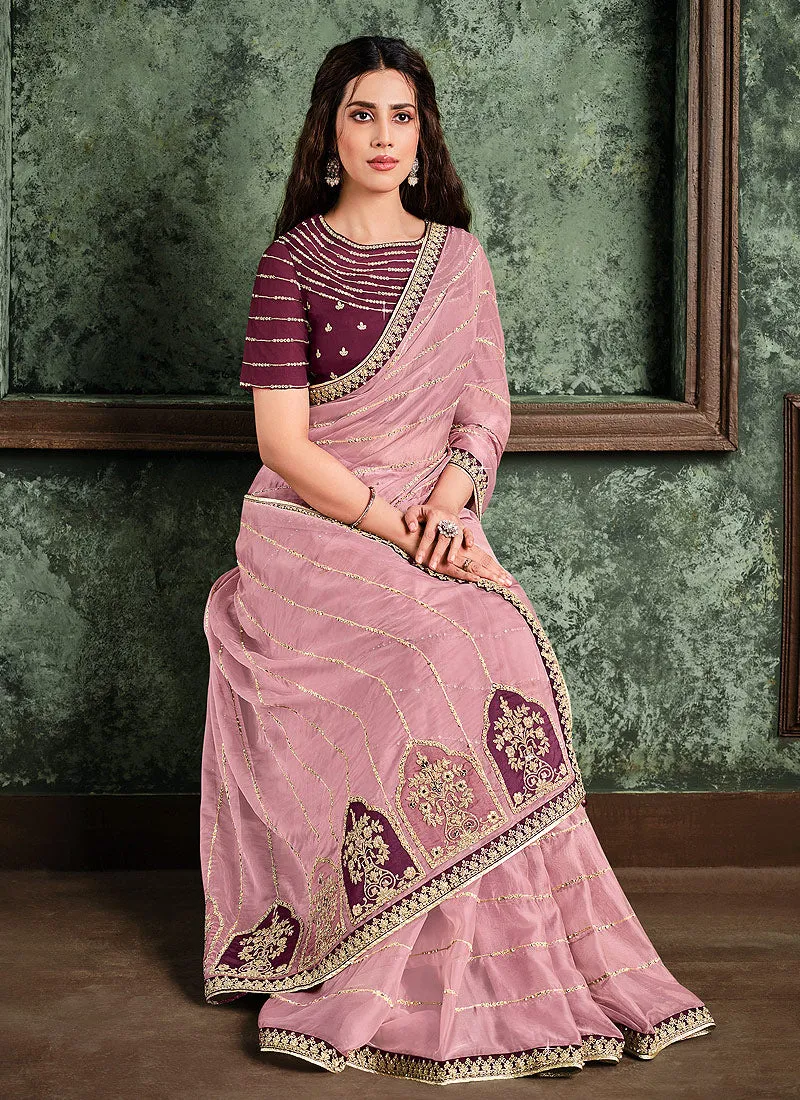 Lavender And Wine Multi Embroidered Designer Saree