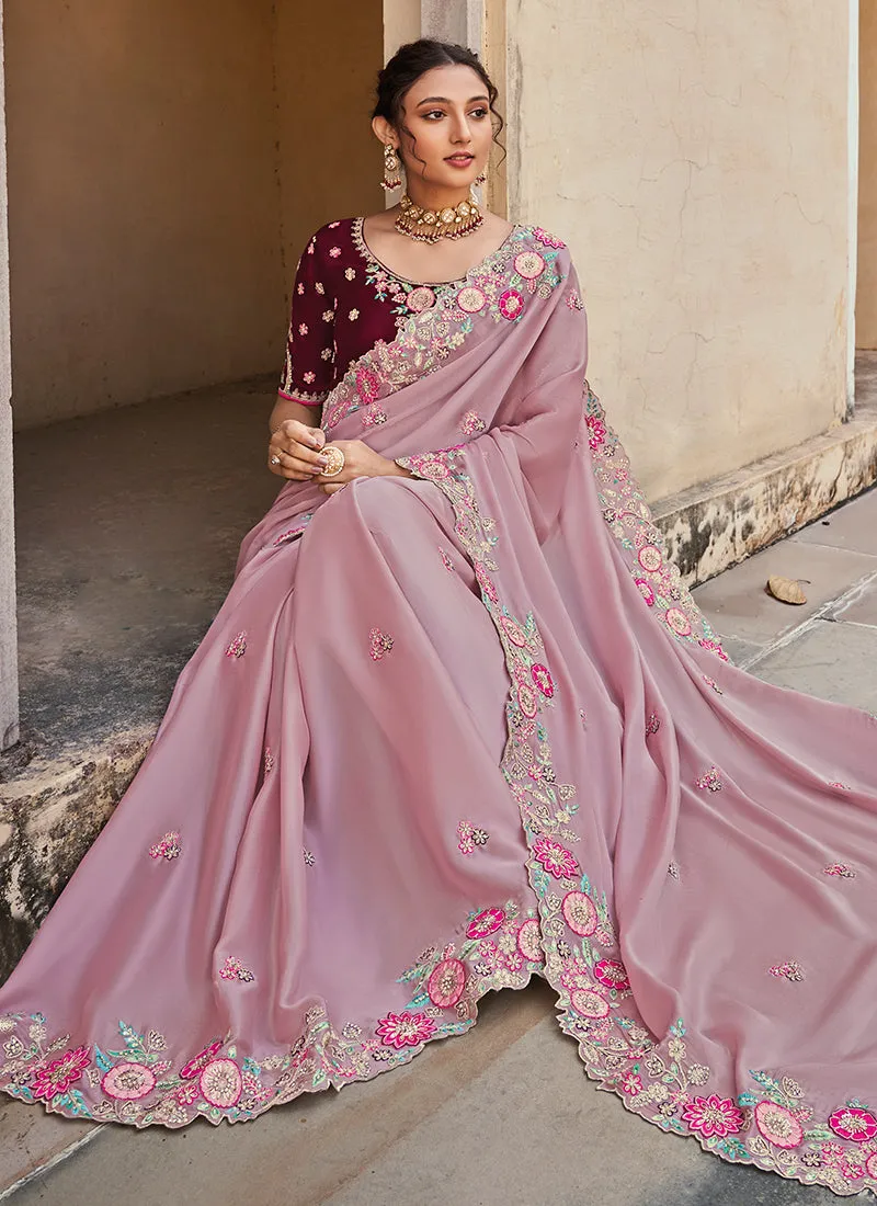 Lavender Multi Embroidery Designer Tissue Silk Saree