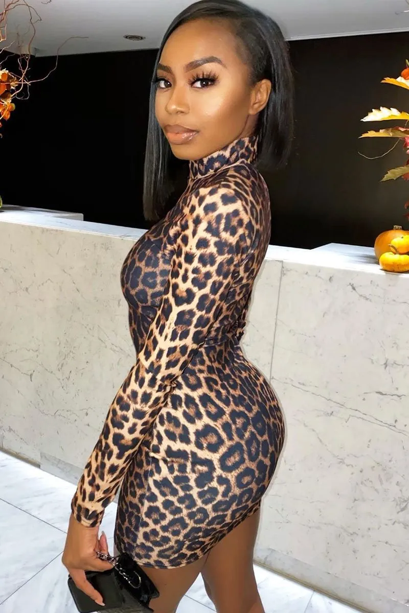 Leopard Print High Neck Mini Bodycon Dress - Alania