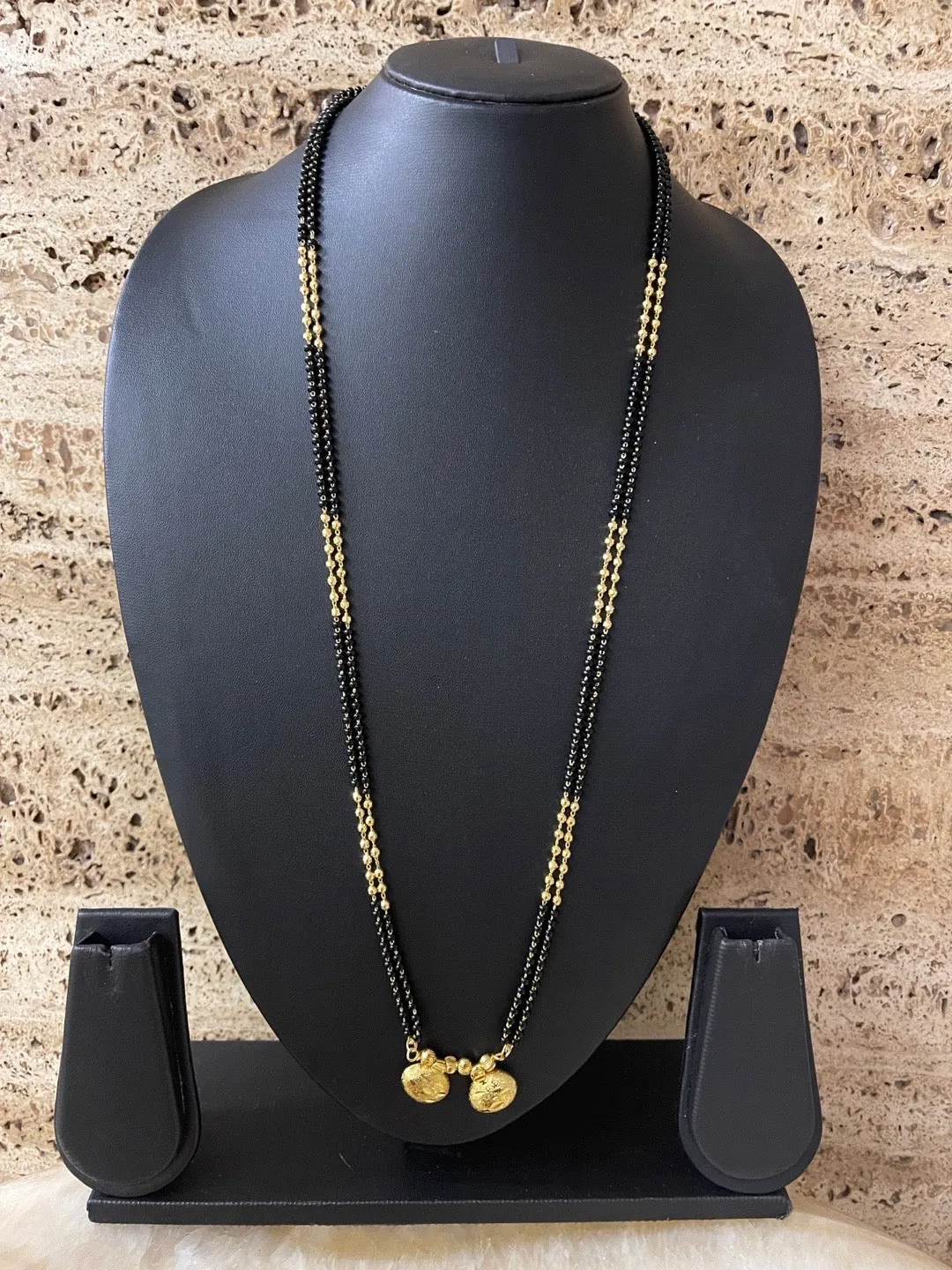 Long Mangalsutra Vati Pendant 2 Line Gold Black Beads Chain