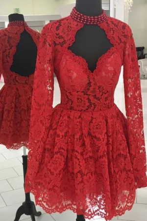 Long Sleeve Homecoming Dresses Open Back Lace Applique Short Prom Dress Party Dress OHM122