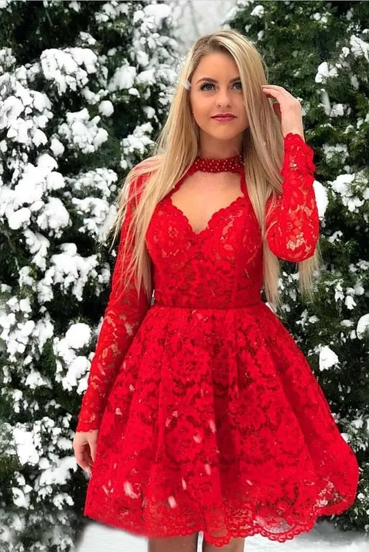 Long Sleeve Homecoming Dresses Open Back Lace Applique Short Prom Dress Party Dress OHM122