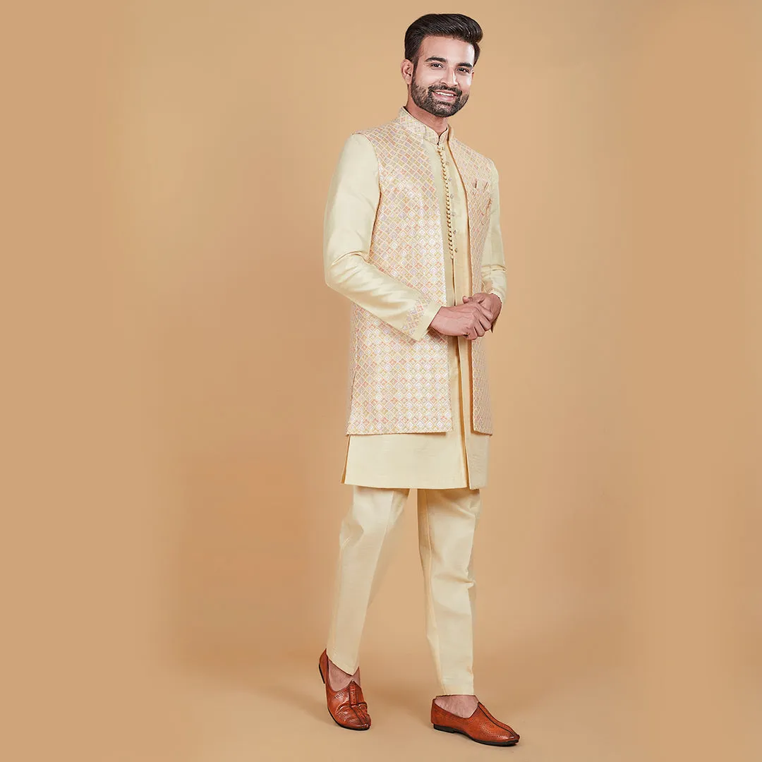 Luminous Lemon  Yellow Indo-Western Ensemble with Designer Jacket