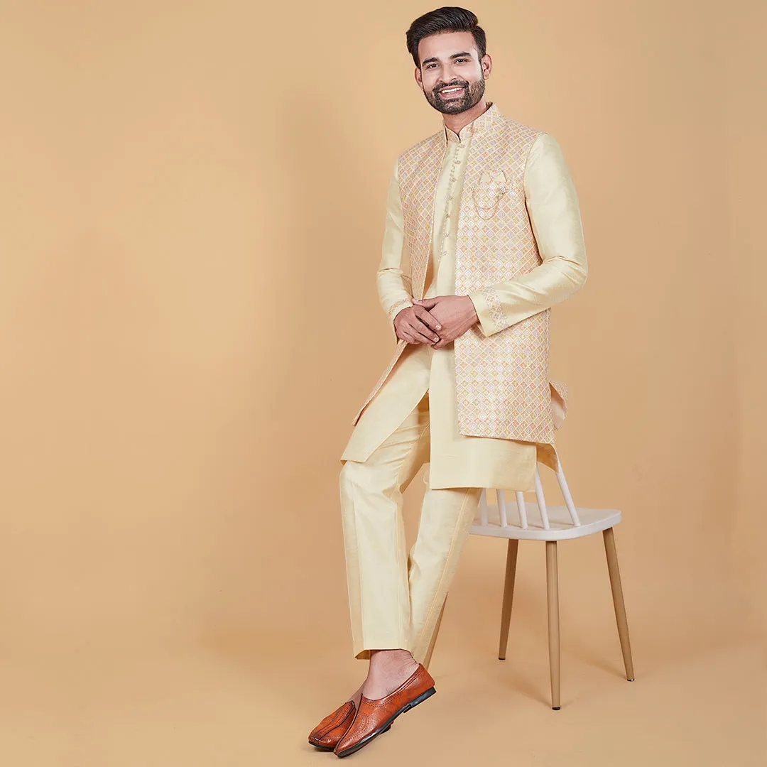 Luminous Lemon  Yellow Indo-Western Ensemble with Designer Jacket
