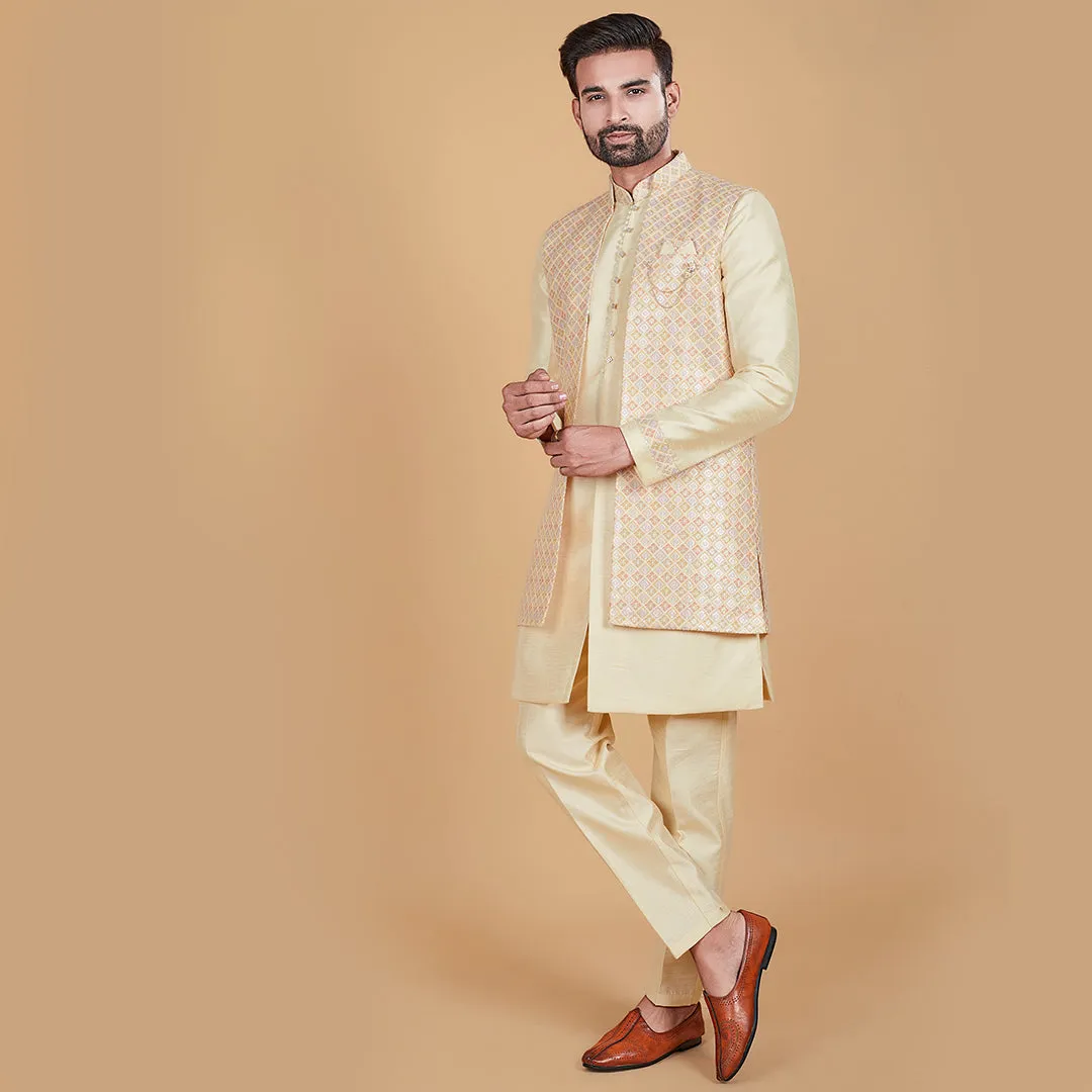 Luminous Lemon  Yellow Indo-Western Ensemble with Designer Jacket