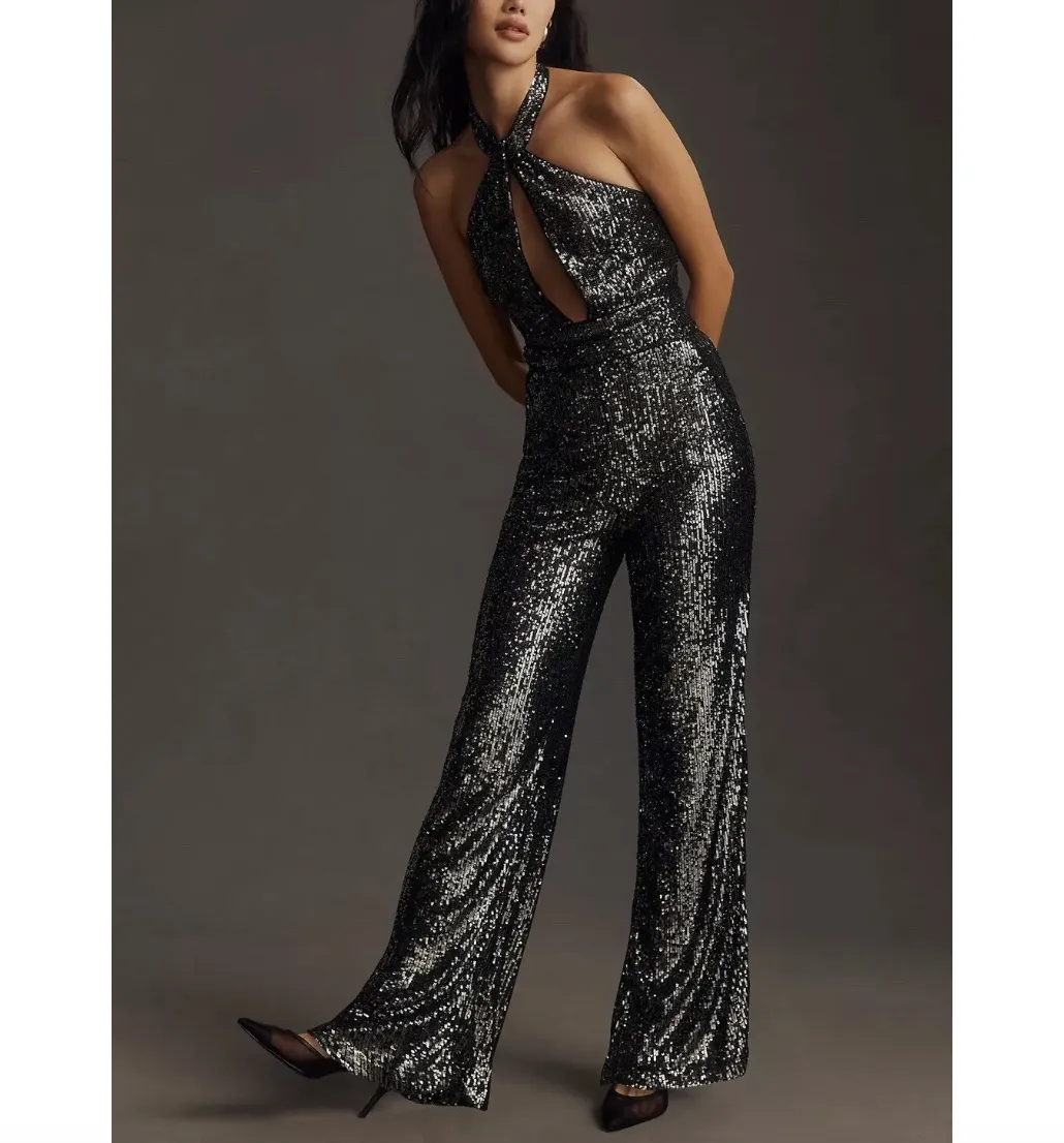 Maeve Black Sequin Halter Jumpsuit UK 14