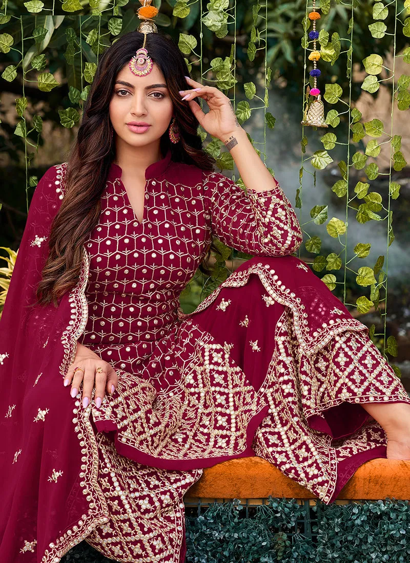 Magenta Pink Designer Embroidery Festive Palazzo Suit