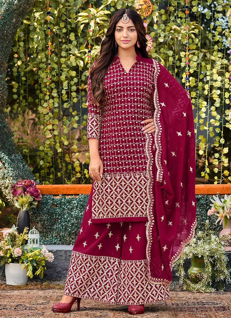 Magenta Pink Designer Embroidery Festive Palazzo Suit