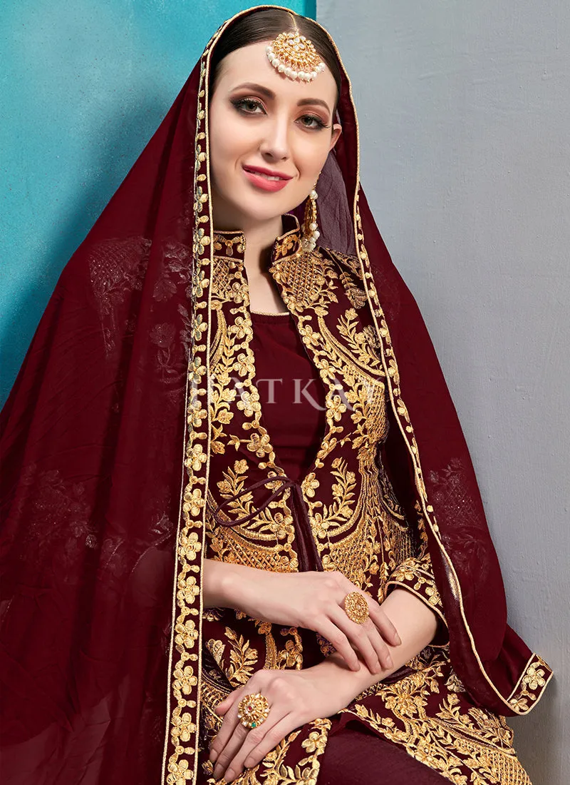 Maroon Embroidered Jacket Style Pant Suit