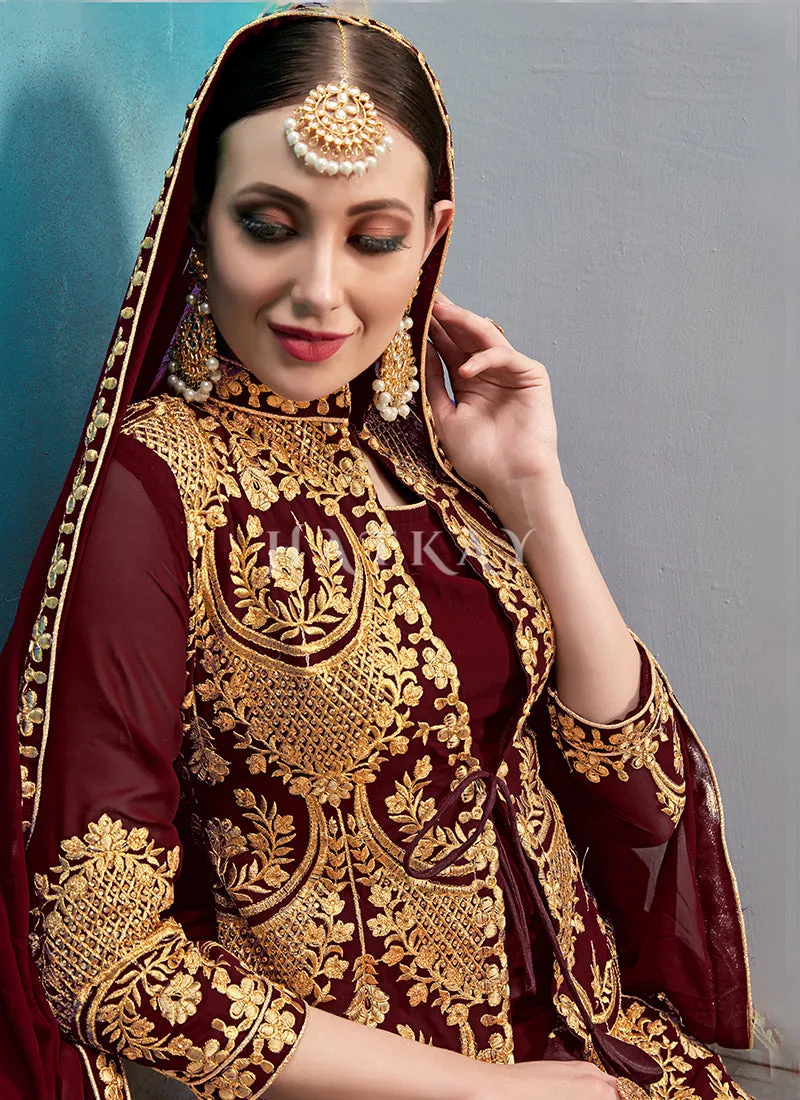 Maroon Embroidered Jacket Style Pant Suit