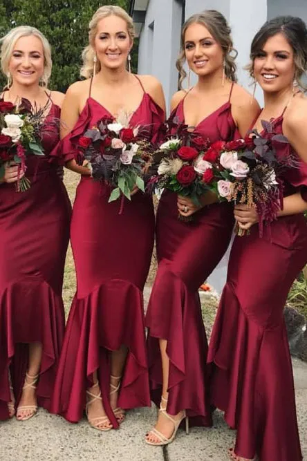 Mermaid Spaghetti Straps Cold Shoulder Hi-Low Bridesmaid Dress with Ruffles OHS054