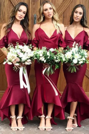 Mermaid Spaghetti Straps Cold Shoulder Hi-Low Bridesmaid Dress with Ruffles OHS054