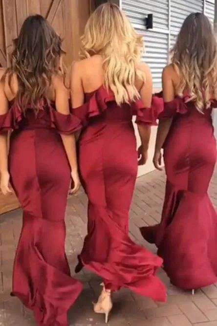Mermaid Spaghetti Straps Cold Shoulder Hi-Low Bridesmaid Dress with Ruffles OHS054