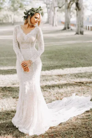 Mermaid V-Neck Backless Long Sleeves Lace Wedding Dress OHD022