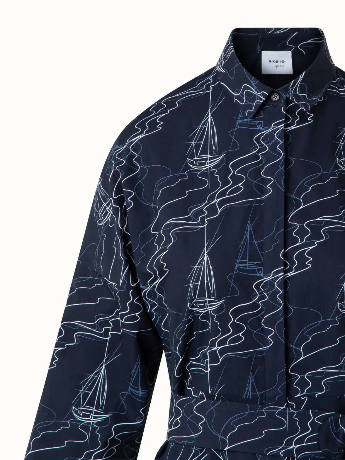 Midi Shirt Dress in Cotton with Sailboat Print