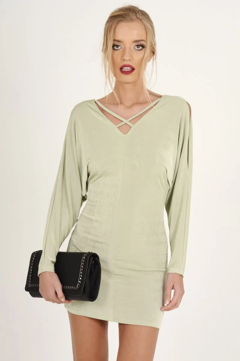 Mint Green Batwing Cold Shoulder Mini Dress - Sonia
