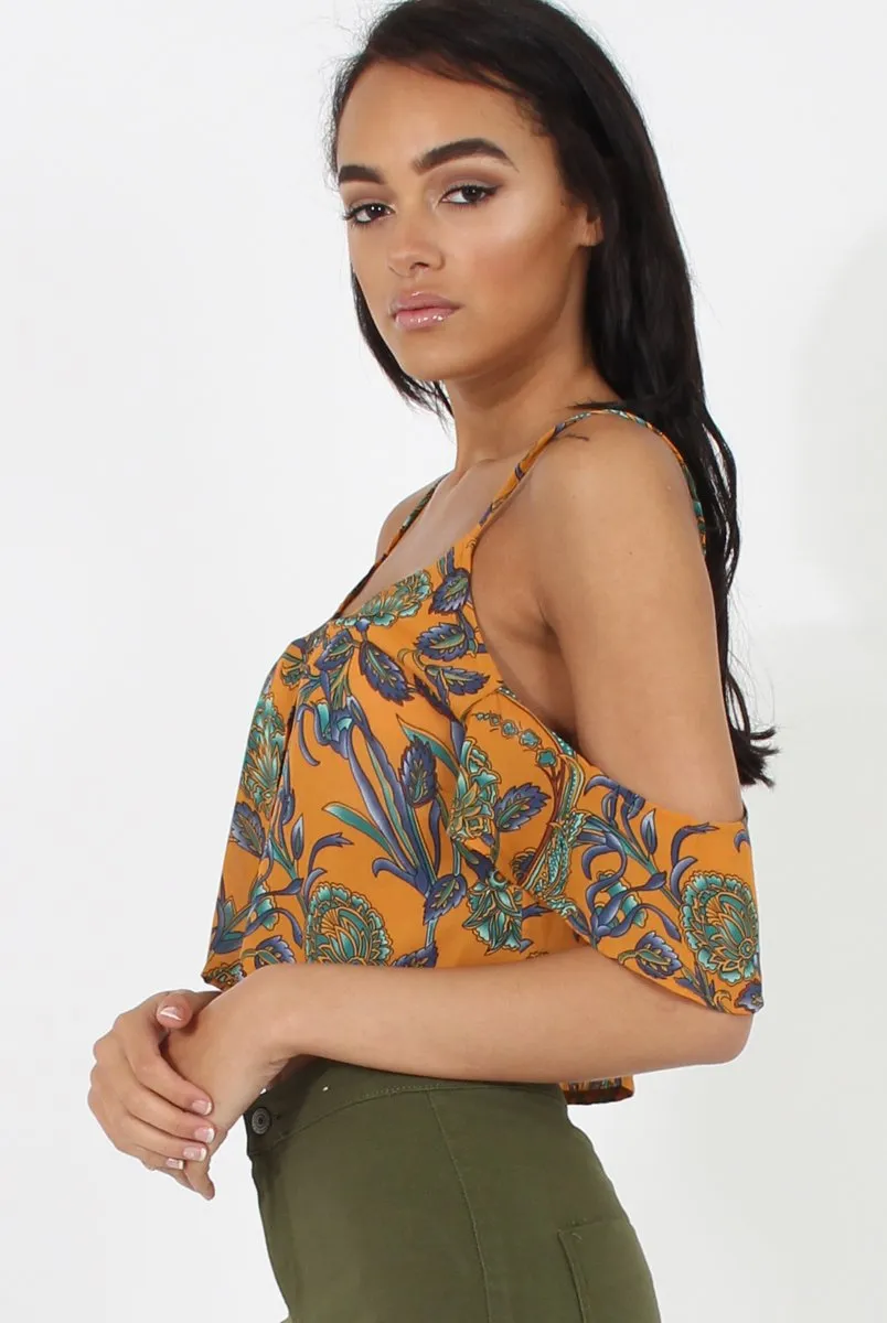 Mustard Cold Shoulder Button Crop Top - Harlow