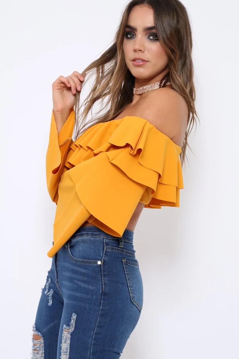 Mustard extreme Layered Frill Bardot Crop Top - Nevaeh