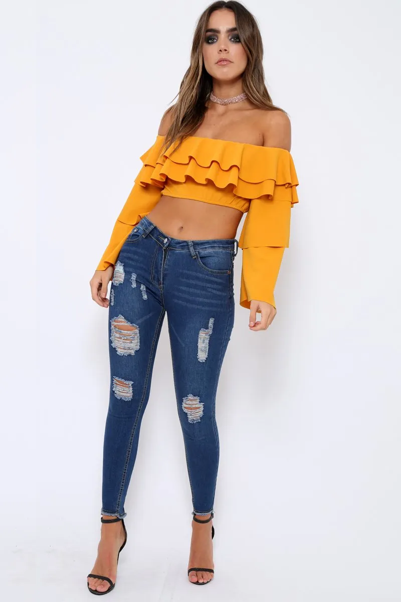 Mustard extreme Layered Frill Bardot Crop Top - Nevaeh