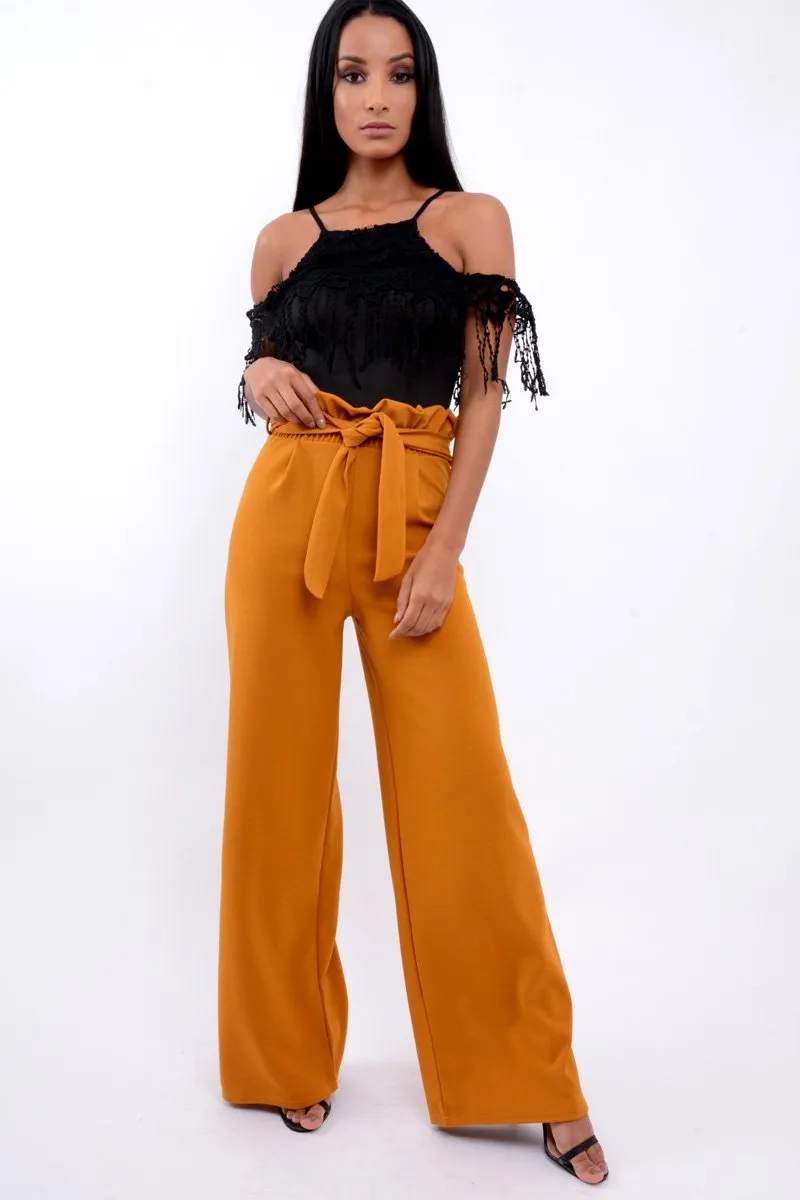 Mustard Paper Bag Tie Waist Wide Leg Trousers - Kennedy