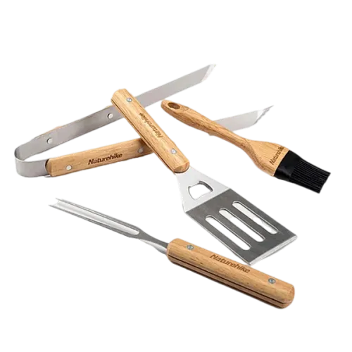 Naturehike - Four-Piece Barbecue Tool Set - Wood   Stainless Steel