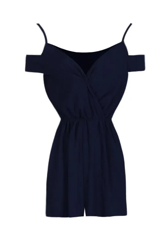 Navy Cold Shoulder Wrap Front Playsuit