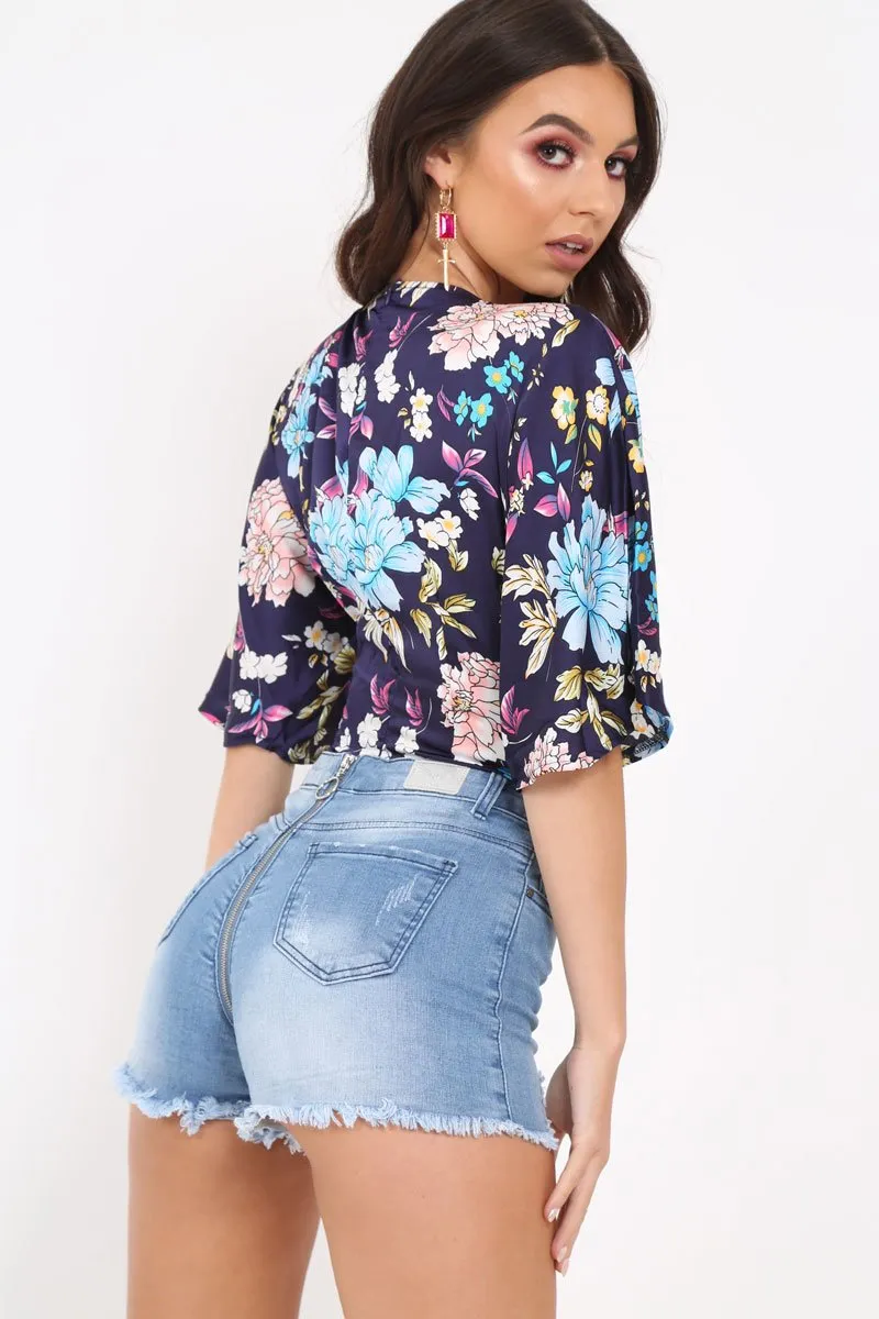 Navy Floral Satin Plunge Bodysuit - Feona