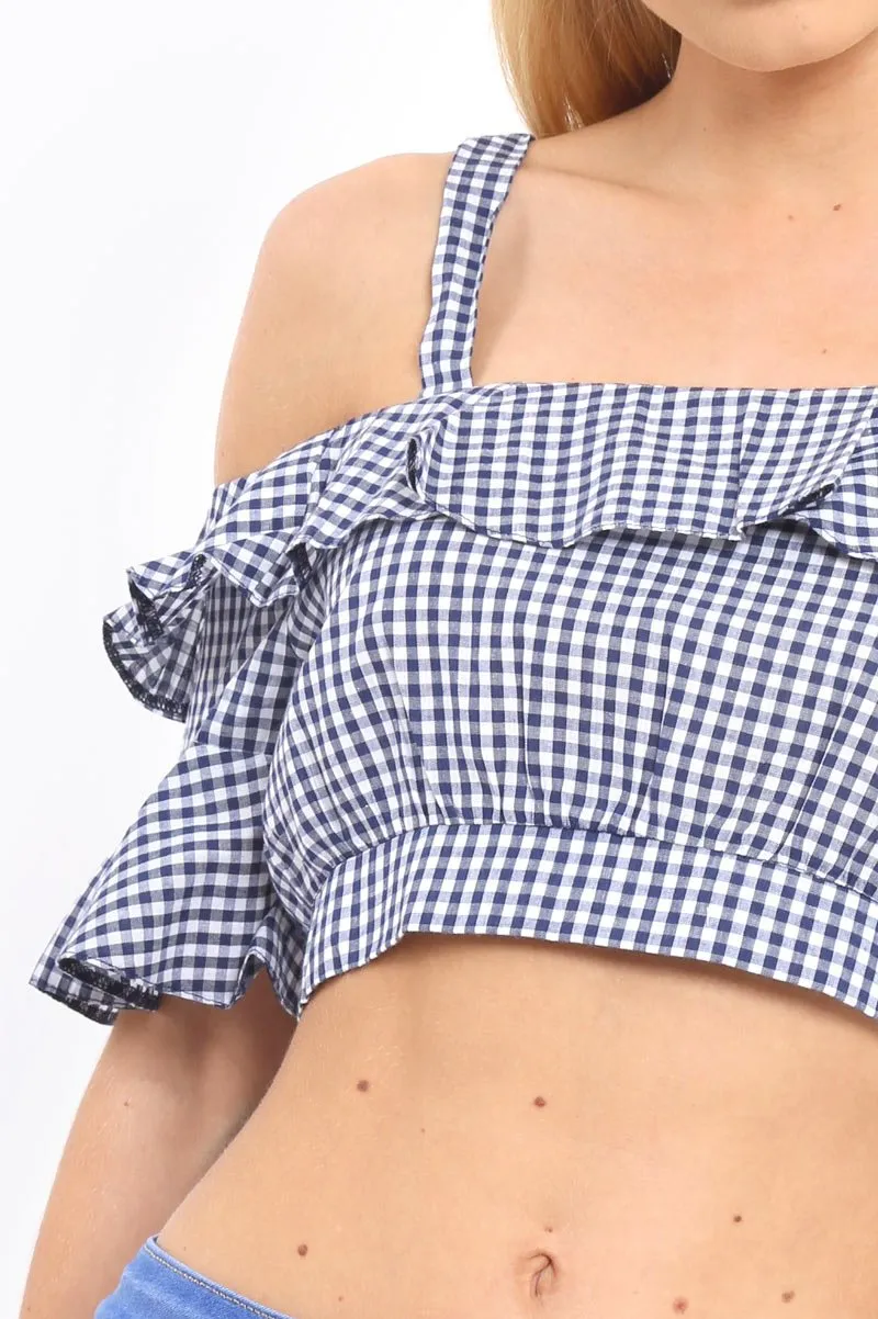 Navy Gingham Cold Shoulder Frill Crop Top - Lant